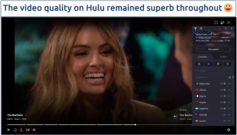 A screenshot of The Bachelor playing on Hulu with Proton VPN connected to a US streaming-optimized server