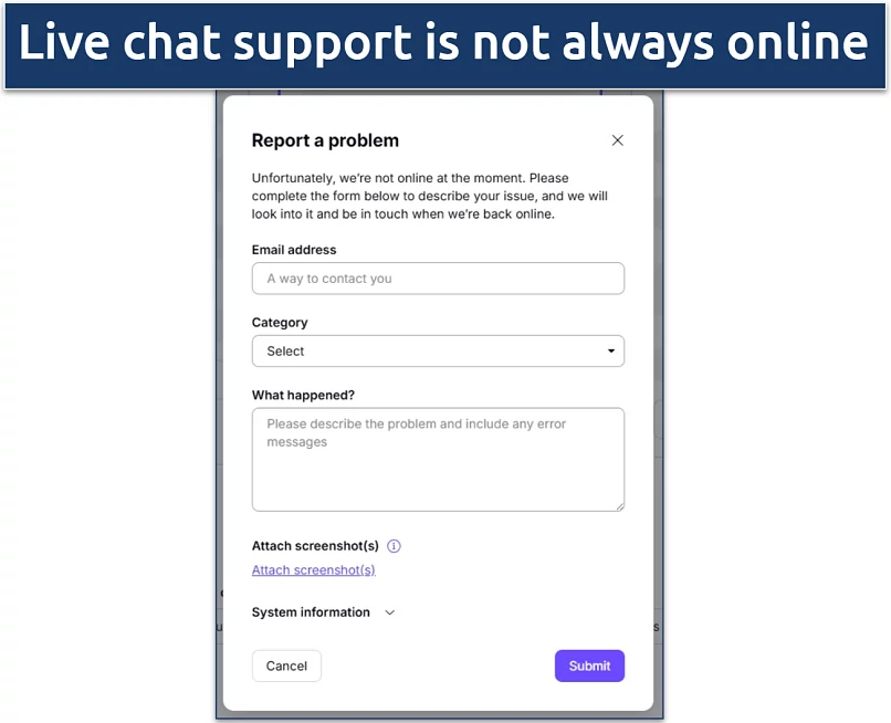 A screenshot showing Proton VPN's chat window, which shows that support is not online at the moment