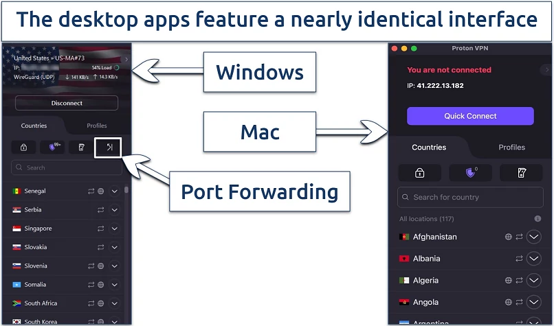 A screenshot showing Proton VPN's interface is almost the same across Mac and Windows apps