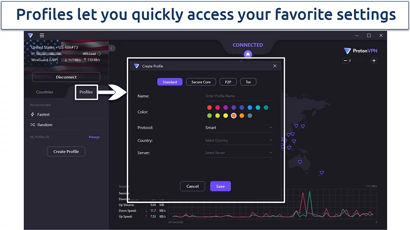 A screenshot of the window that pops up when you click profiles on Proton VPN's home screen