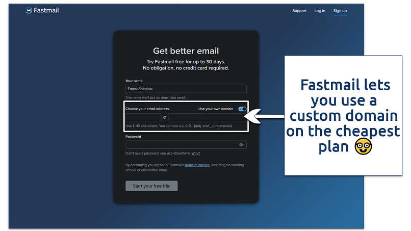 A screenshot showing Fastmail's registration page