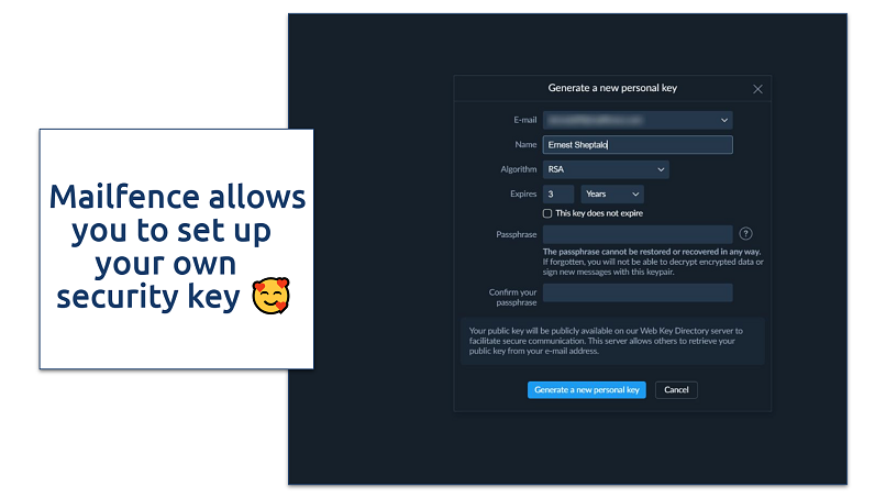 A screenshot showing the Mailfence encryption key generation page