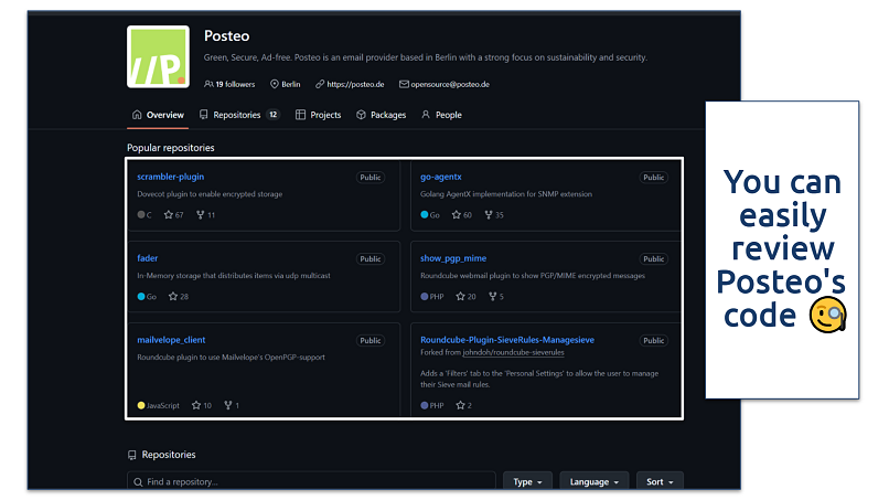 A screenshot showing Posteo's GitHub page