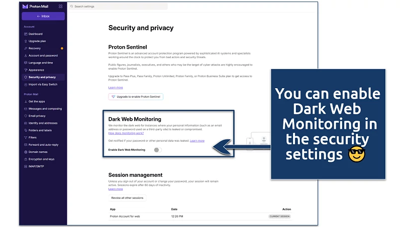 A screenshot showing how to enable Proton Mail's Dark Web Monitor