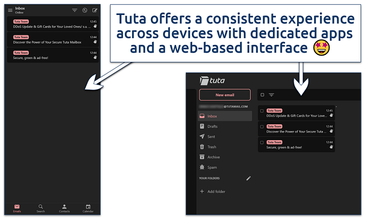 A screenshot comparing Tuta's email interface on mobile and desktop