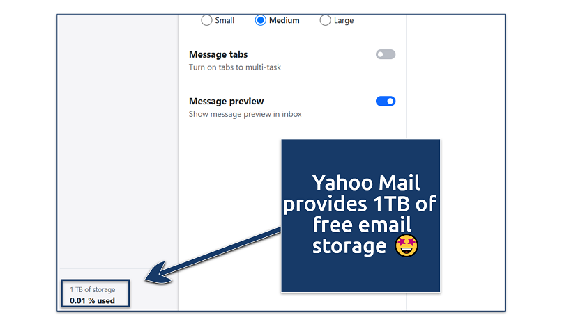 A screenshot showing Yahoo Mail's 1TB of free storage