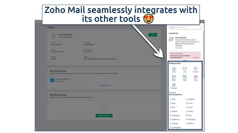 A screenshot showing Zoho Mail's app sidebar