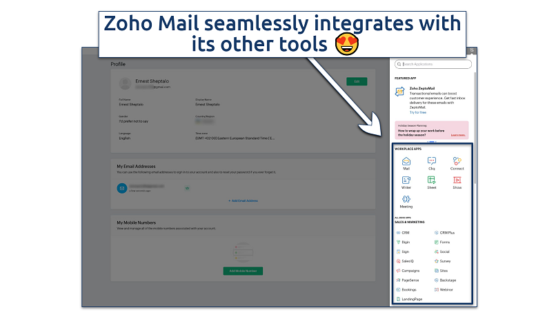 A screenshot showing Zoho Mail's app sidebar