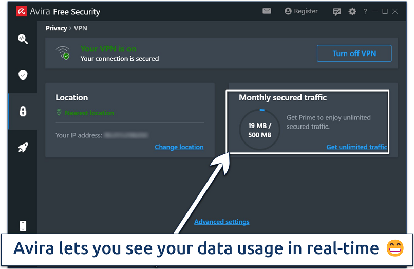 Screenshot of Avira Phantom VPN's app home screen