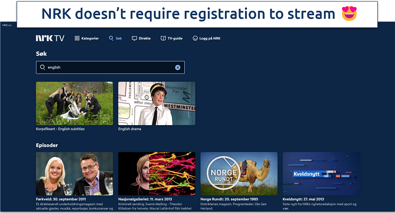 Screenshot of the NRK home page