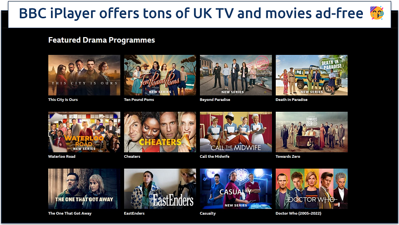 Screenshot of the BBC iPlayer Featured Drama Programmes page