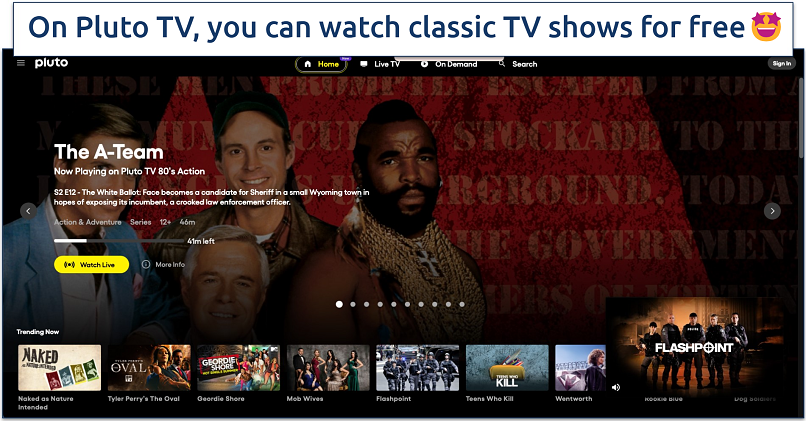 Screenshot of the Pluto TV home page