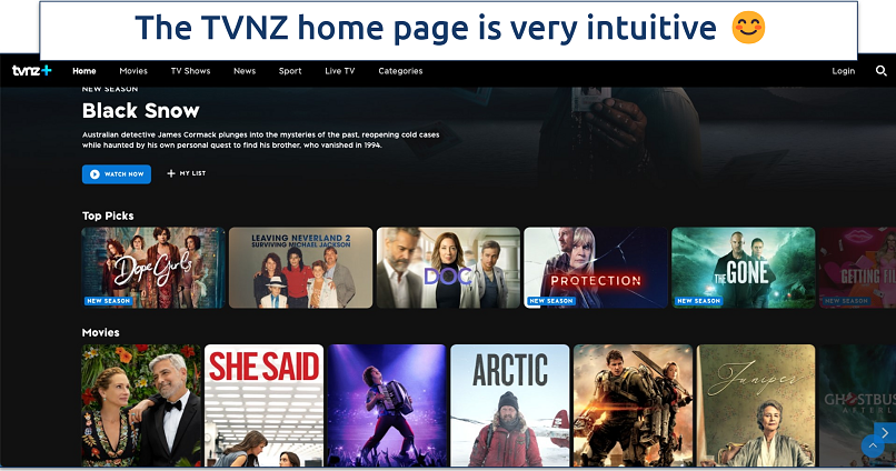 Screenshot of the TVNZ home page