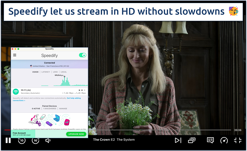 Screenshot of The Crown streaming on Netflix with Speedify connected