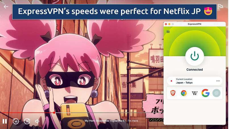 Screenshot showing the ExpressVPN app connected to a Tokyo server over a browser streaming Netflix JP