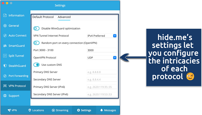 Screenshot showing the hide.me Settings panel
