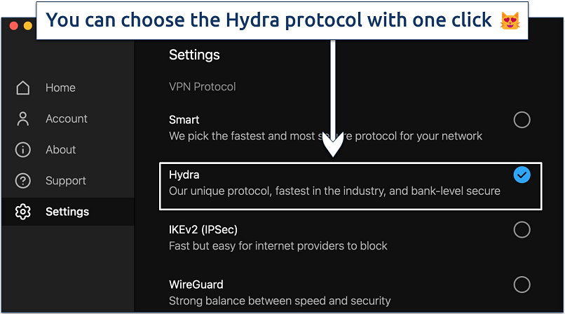 Screenshot showing how to select the Hydra protocol on Hotspot Shield