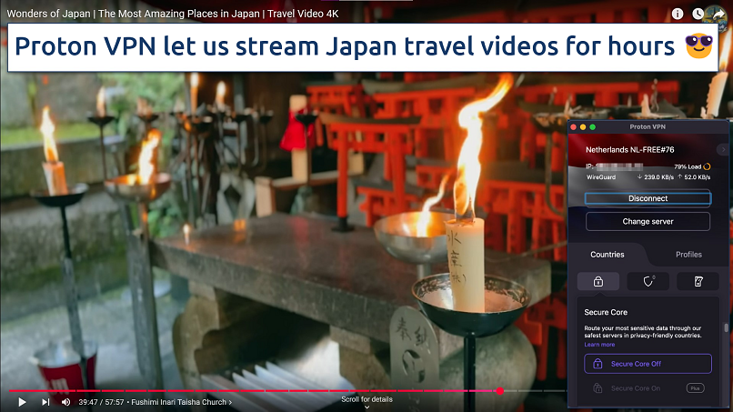 Screenshot showing the Proton VPN app over a YouTube video