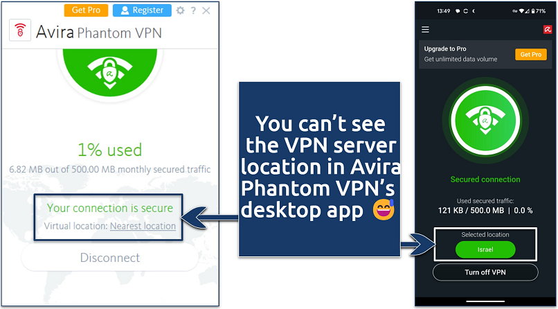 A screenshot of Avira Phantom VPN's Windows and Android apps
