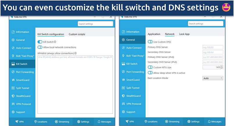 A screenshot of hide.me's kill switch and DNS settings in the Windows app