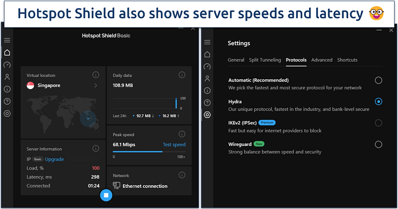 A screenshot of Hotspot Shield's Windows app connected to a Singapore server using the Hydra protocol