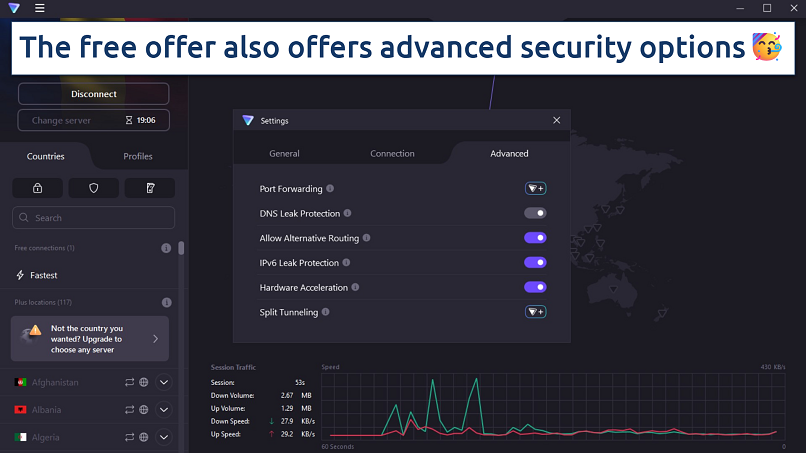 A screenshot of Proton VPN connected to a x server showing available security settings