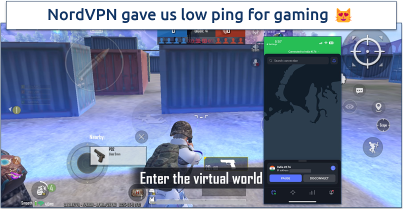 Screenshot of BGMI gameplay with NordVPN connected