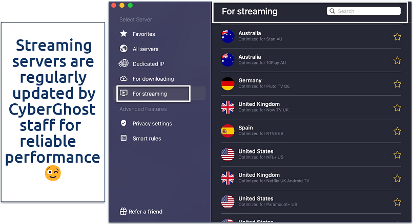 Screenshot of CyberGhost's streaming servers