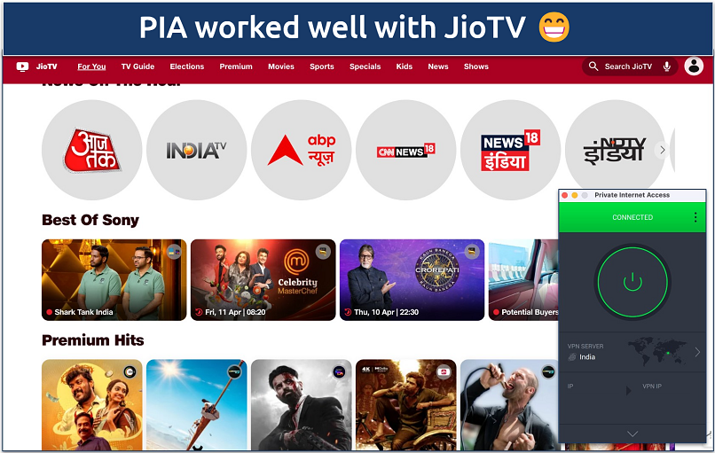 Screenshot of JioTV interface with PIA connected