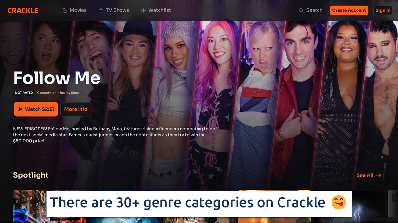Screenshot showing the Crackle homepage