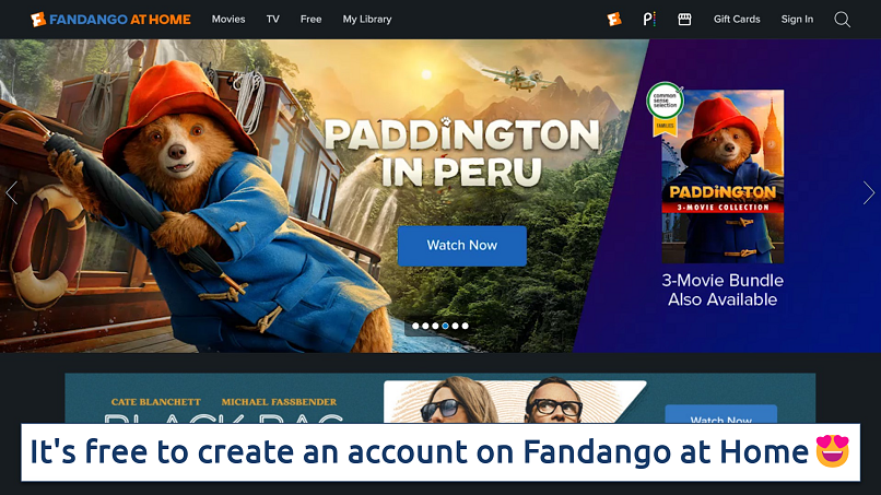 Screenshot showing the Fandango at Home homepage