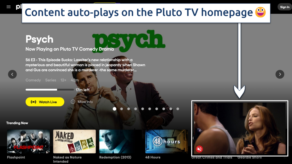 Screenshot showing the Pluto TV homepage