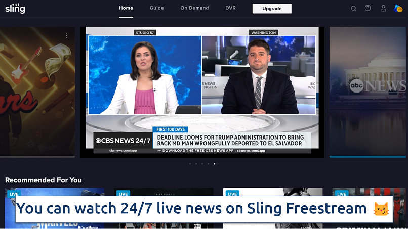 Screenshot showing the Sling Freestream homepage