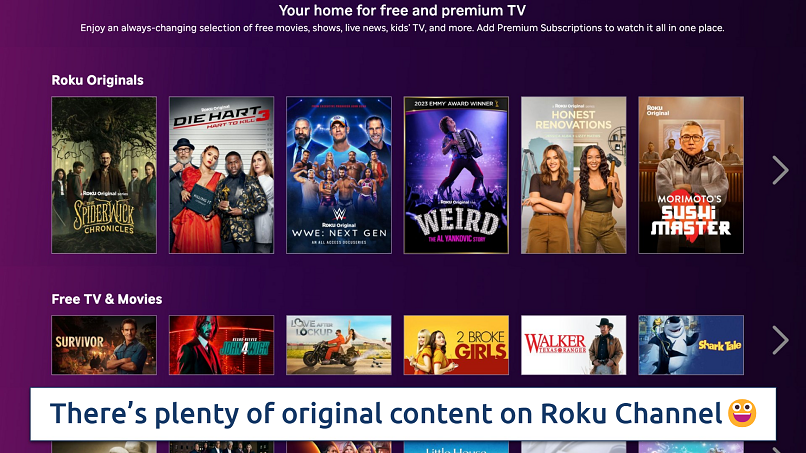 Screenshot showing the Roku Channel homepage