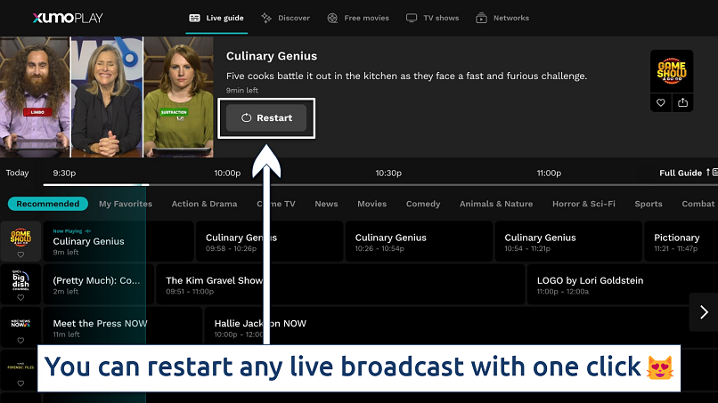 Screenshot showing the Xumo Play homepage