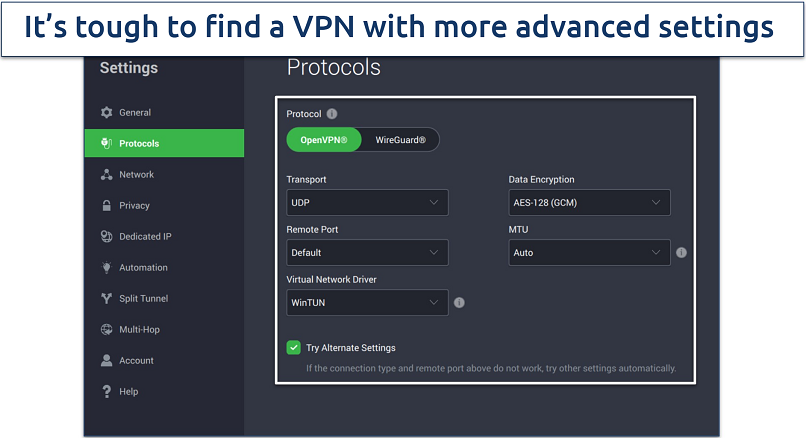 Screenshot of the PIA Windows app with its Protocols settings page