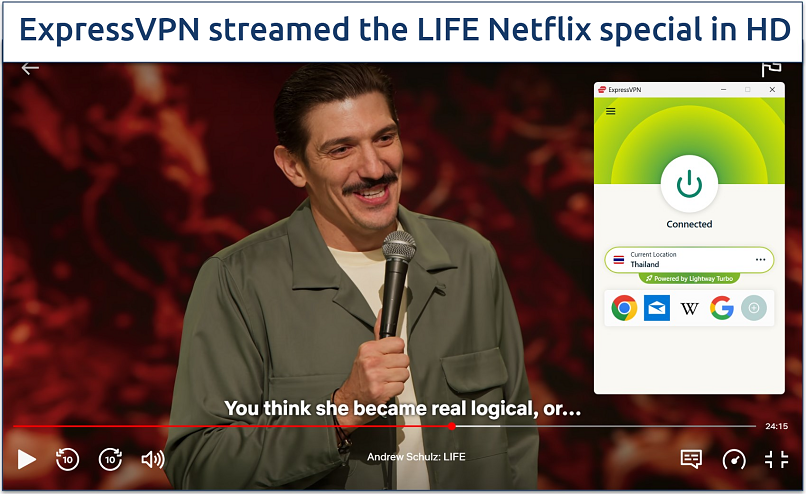Screenshot of streaming The Andrew Schulz: LIFE Netflix special while connected to ExpressVPN’s Thailand server