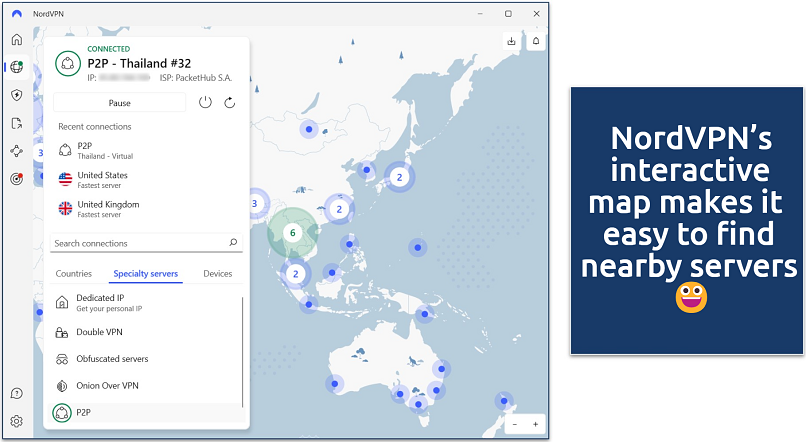 Screenshot of the NordVPN Windows app with its interactive server map and connection to the P2P Thailand server