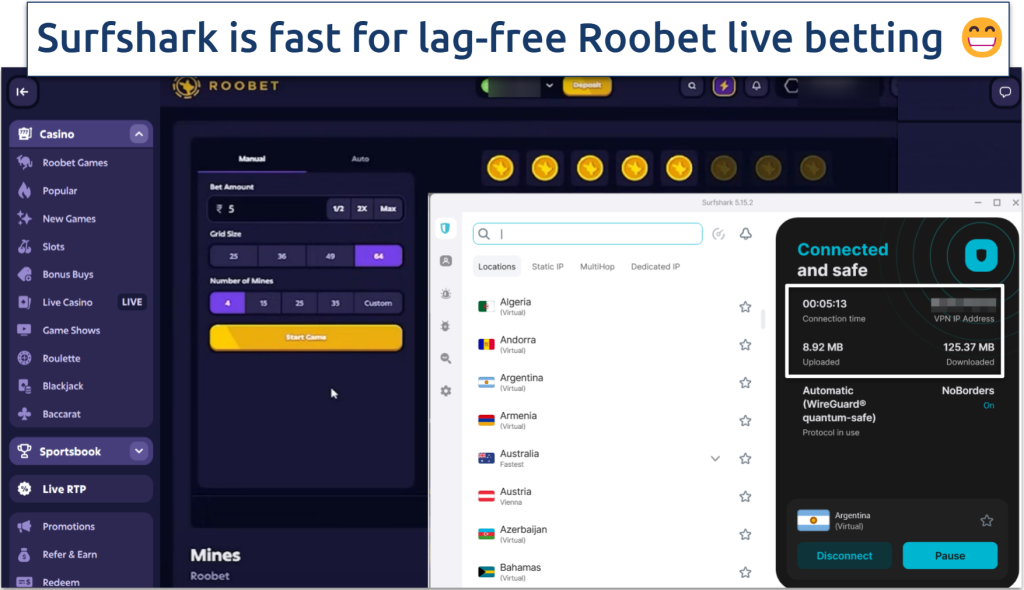 Screenshot showing Roobet gaming via Surfshark