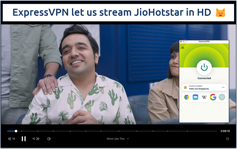 Screenshot of a show streaming on JioHotstar with ExpessVPN connected