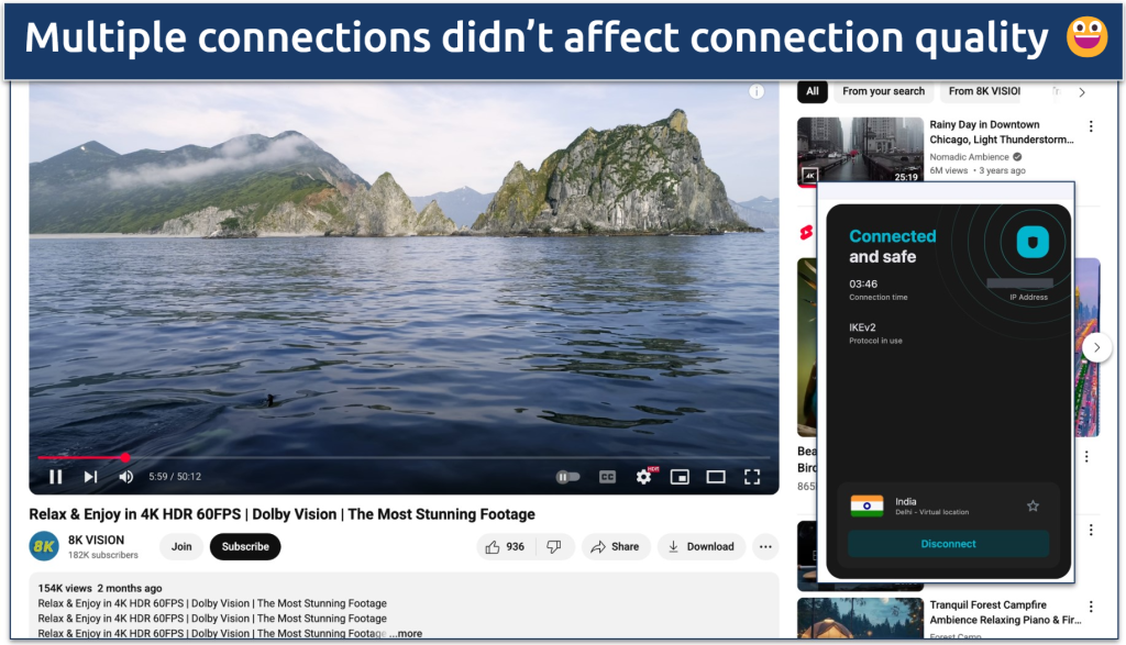 Screenshot of 4K YouTube streaming with Surfshark connected