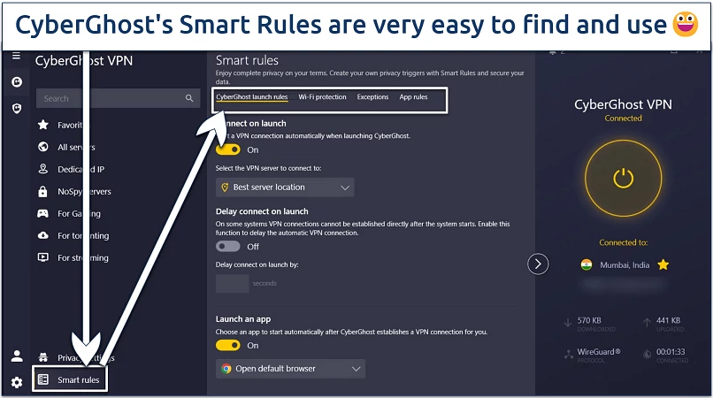 Screenshot of the CyberGhost Windows app with its Smart Rules highlighted