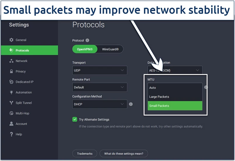 Screenshot of the PIA Windows app with its settings page open and the MTU packet size dropdown expanded
