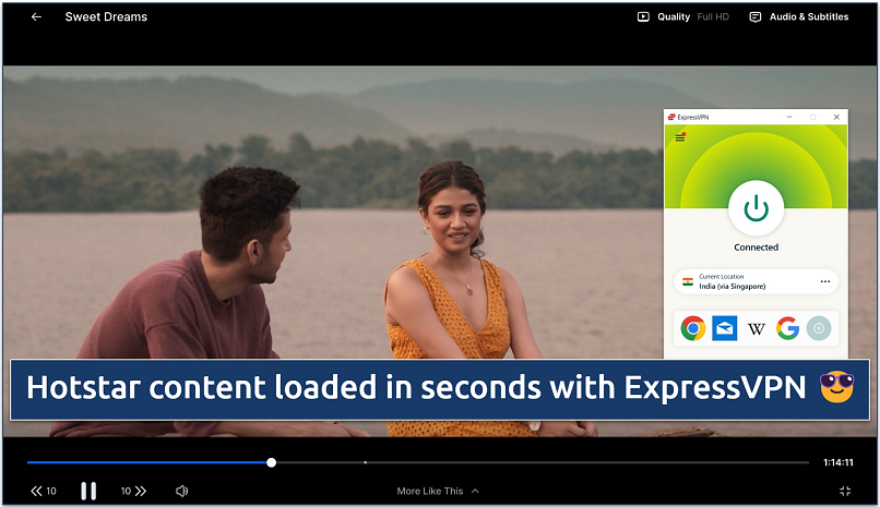 A screenshot of Hotstar streaming Sweet Dream while connected to ExpressVPN's India server (via Singapore)