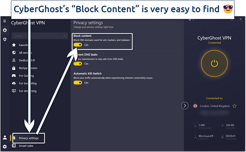 Image showing the privacy settings of CyberGhost with Block Content feature highlighted in the privacy settings