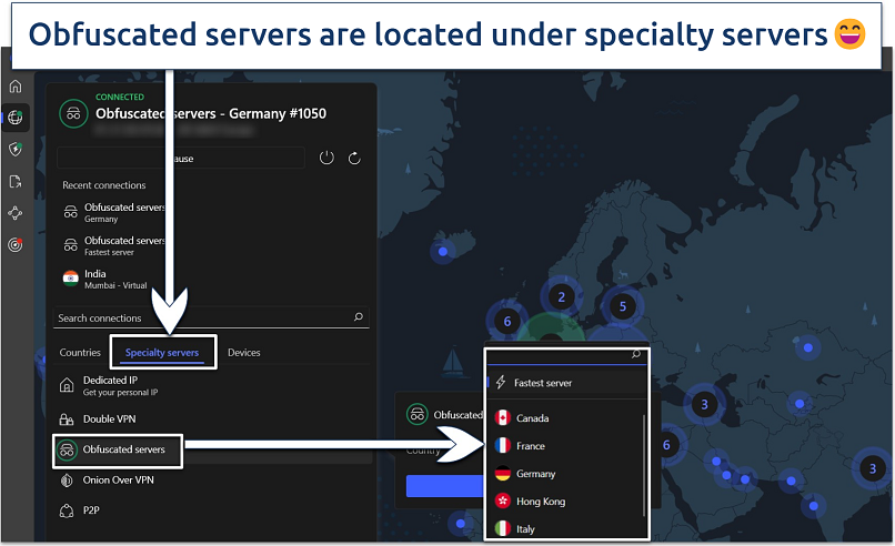 Image showing obfuscated servers highlighted on the main NordVPN app interface