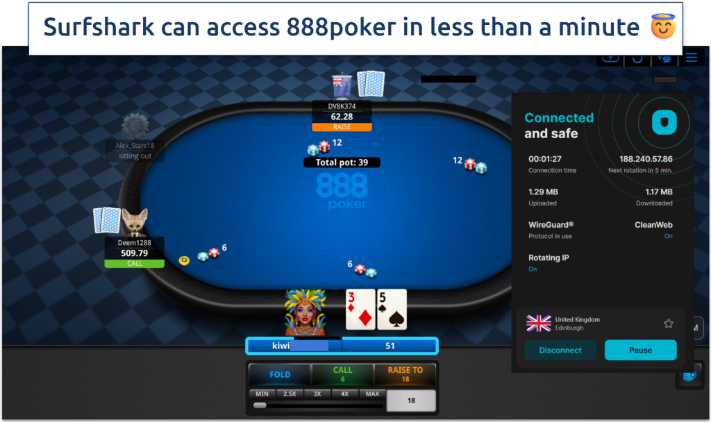 Image showing Surfshark accessing 888 poker with its United Kingdom server