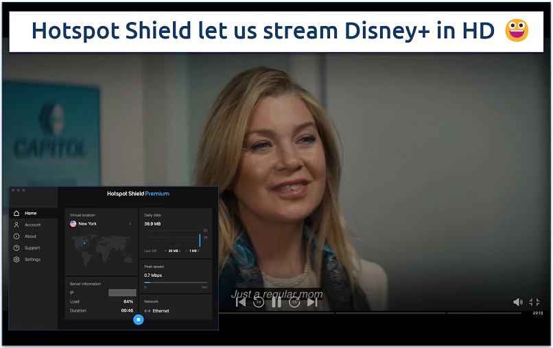 Screenshot of Disney+ streaming with Hotspot Shield connected