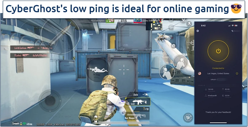 Screenshot of PUBG gameplay with CyberGhost connected