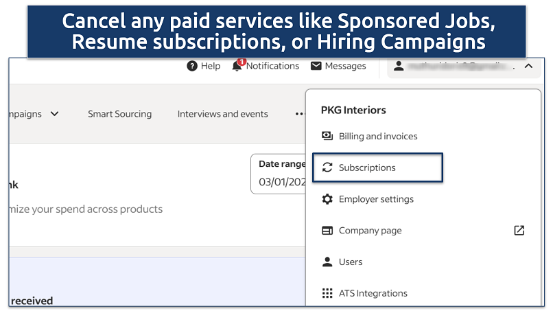 A screenshot showing how to cancel a subscription on Indeed